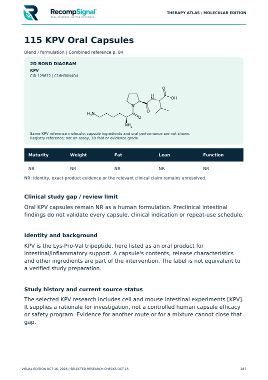 Atlas sample page for oral KPV, showing the clinical evidence gap and formulation distinction
